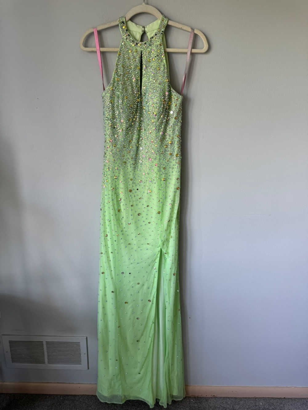 Source Unknown Lime Green Beaded Halter Prom Gown
